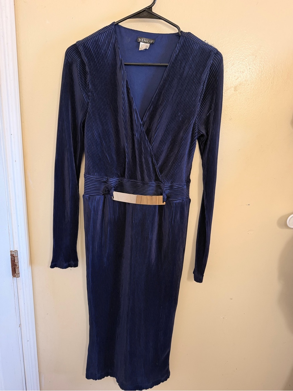 VENUS Navy Blue Pleated Long Sleeve Midi Dress Size M